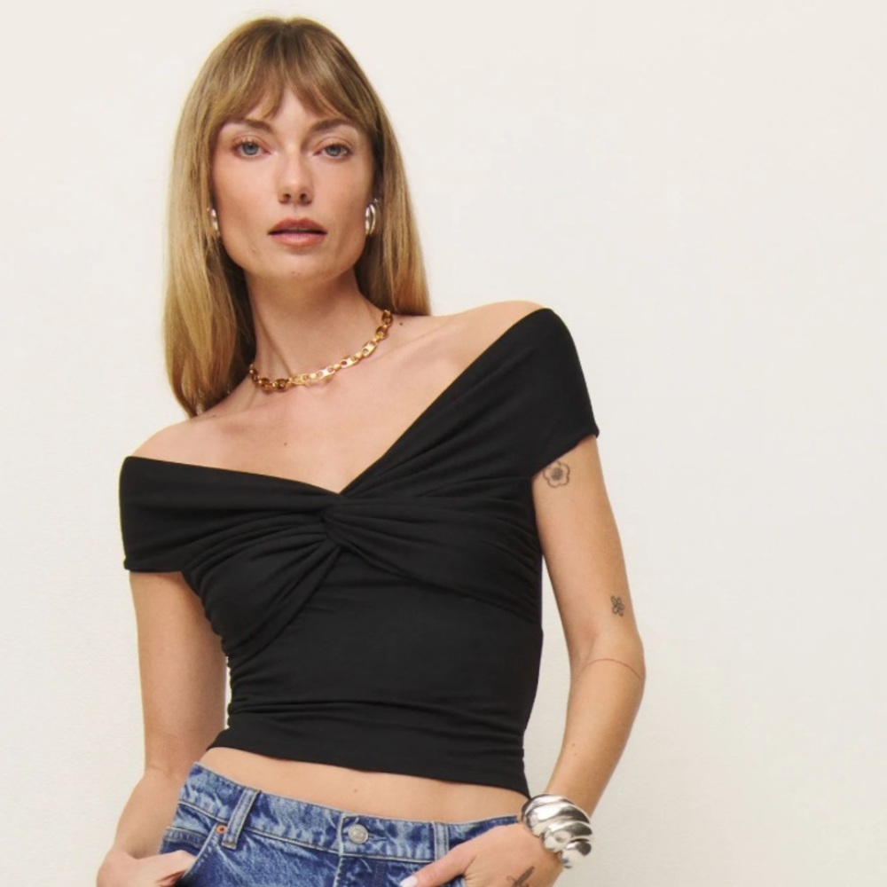 Reformation Black Off-Shoulder Ezlynn Top